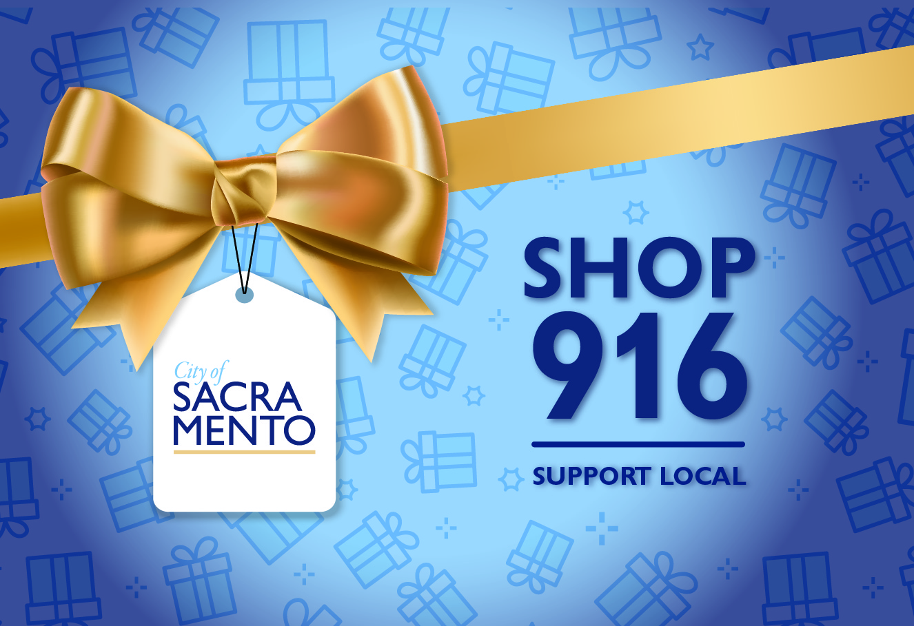 shop 916 logo with a gold bow and City of Sacramento on a white gift tag